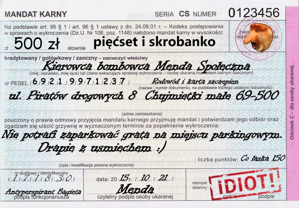 Naklejki karny mandat 55 szt trudnozrywalne
