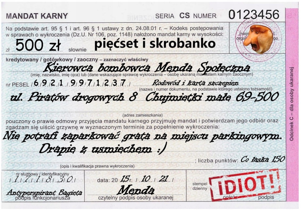 KARNY KU*AS MANDAT NAKLEJKI TRUDNOZRYWALNE 10 szt